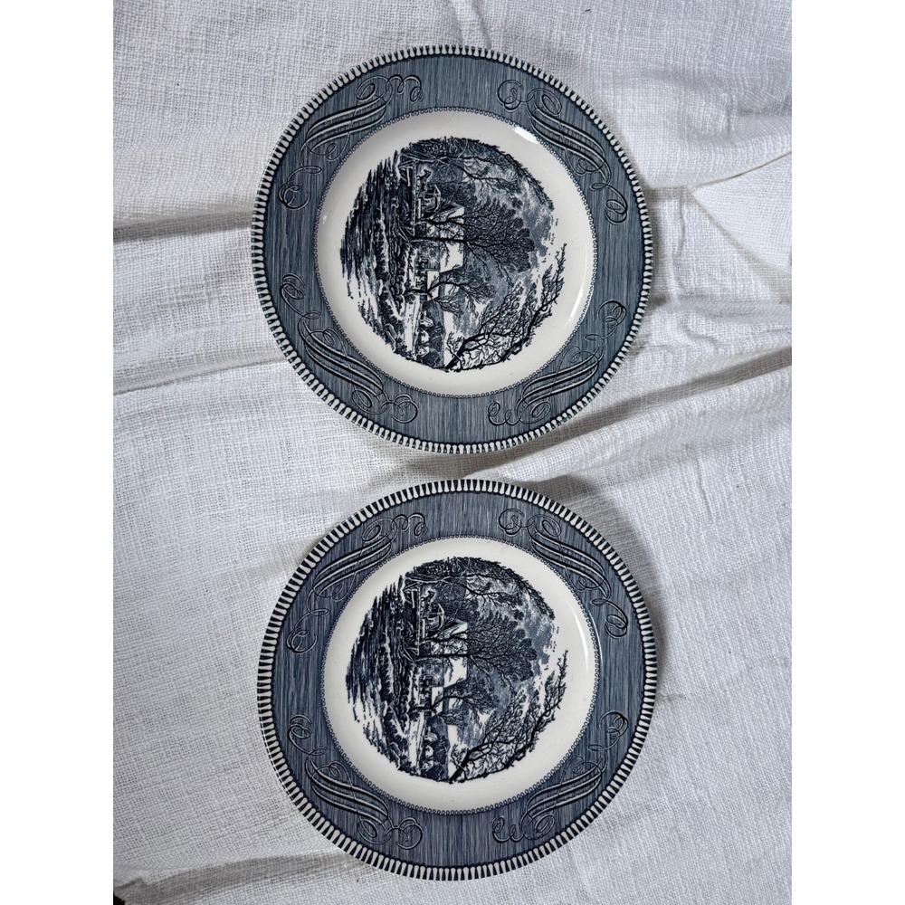 Royal China Americana Currier & Ives Blue White‎ Plates Old Grist Mill Set of 2